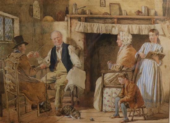 Frederick Thomas Underhill (fl. 1868-1896), watercolour, Cottage interior with figures
